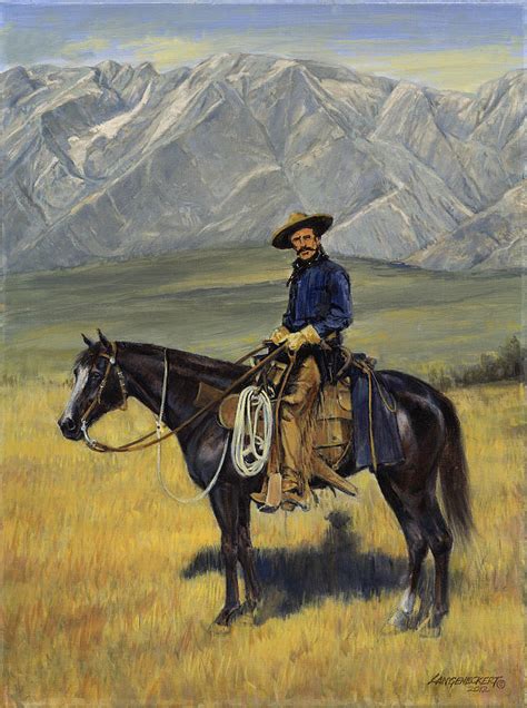 Old West Cowboy On Black Horse Painting By Don Langeneckert