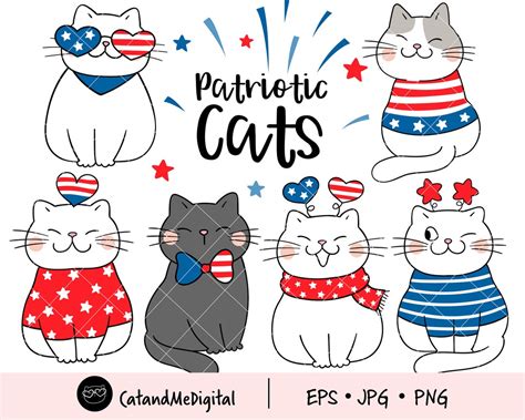Patriotic Cats Clipart 4th Of July Illustration Cats Cat Lover Etsy