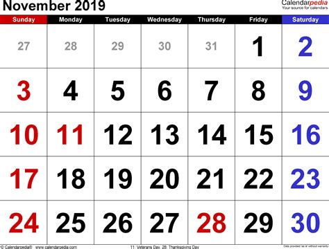 November 2019 Calendars For Word Excel Amp Pdf