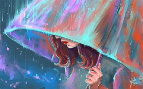 Art Umbrella Rain Girl Wallpaper X