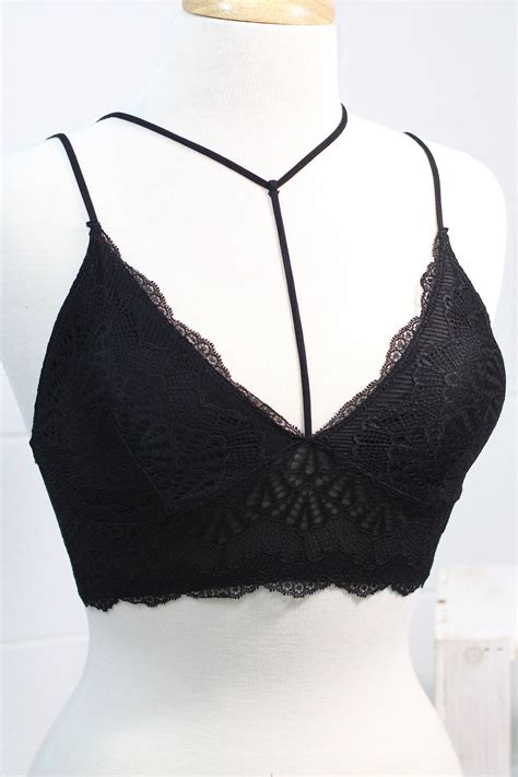 V Neck Padded Bralette That Is Strappy With A Choker Style Front Lace All Over Nice Thick