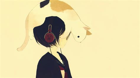 Download 1920x1080 Anime Girl Cat Headphones Short Hair Wallpapers