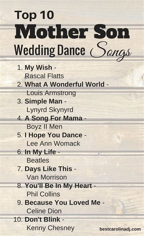 Some of the mother and son dance songs are country songs. Top 10 Mother Son Wedding Dance Songs For Traditional ...