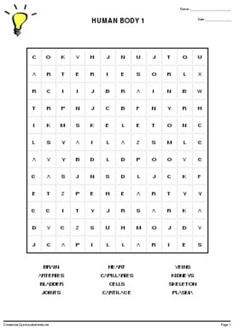 Draw the below table on the board. HUMAN BODY 1 - Wordsearch - Quickworksheets.net