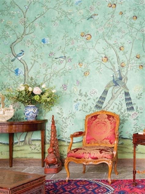 De Gournay Chinoiserie Collection Green Accent Walls Hand Painted