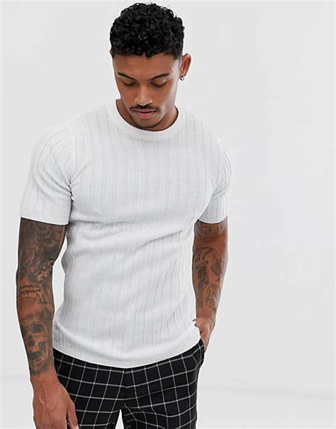 Asos Design Knitted Muscle Fit Ribbed T Shirt In White Asos