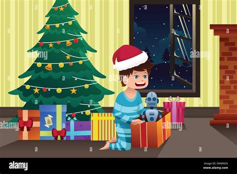 A Vector Illustration Of Cute Little Boy Opening A Present Under The