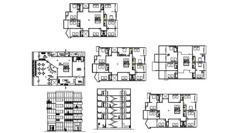 Multi Level Hotel Building Elevation Section And Floor Plan Cad