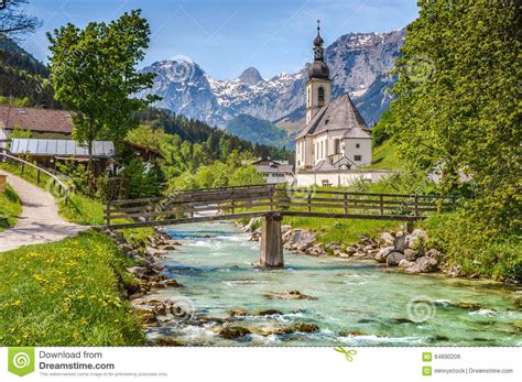 Famous Church In The Idyllic Mountain Village Ramsau Bavaria Germany