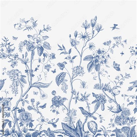 Mural Bloom Chinoiserie Inspired Vintage Floral Illustration Blue