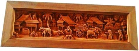 Large Wood Carved Village Scene Teak Wood Carving Thai Village Carved Culture Home Wall Art