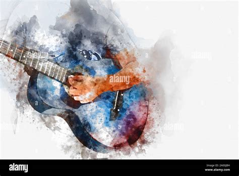 Abstract Beautiful Playing Acoustic Guitar In The Foreground On