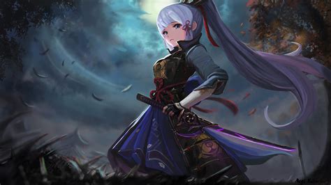 Light Purple Hair Ayaka With Sword 4K HD Genshin Impact Wallpapers | HD