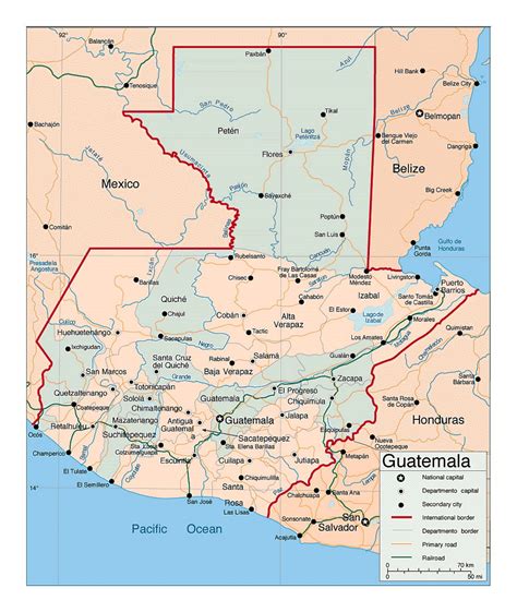 Detailed Political And Administrative Map Of Guatemala With Roads Railroads And Cities