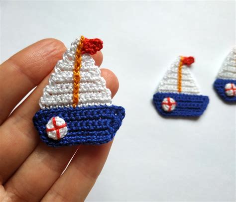 Crochet Sailboat 3 Pcs Applique Little Cute Sea Boat Etsy