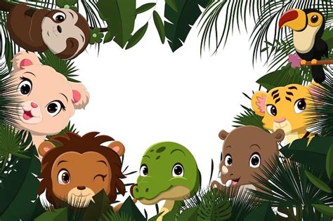 Dibujos Animados De Animales Salvajes En La Selva Vector Premium