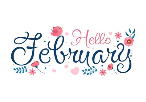 Hello February Month With Flowers Hearts Leaves And Cute Lettering