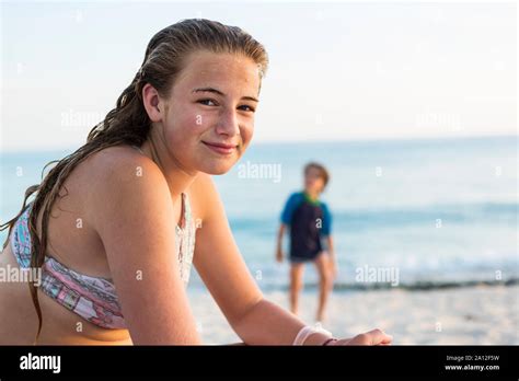 Smiling Year Old Girl At The Beach Grand Cayman Island Stock Photo Alamy