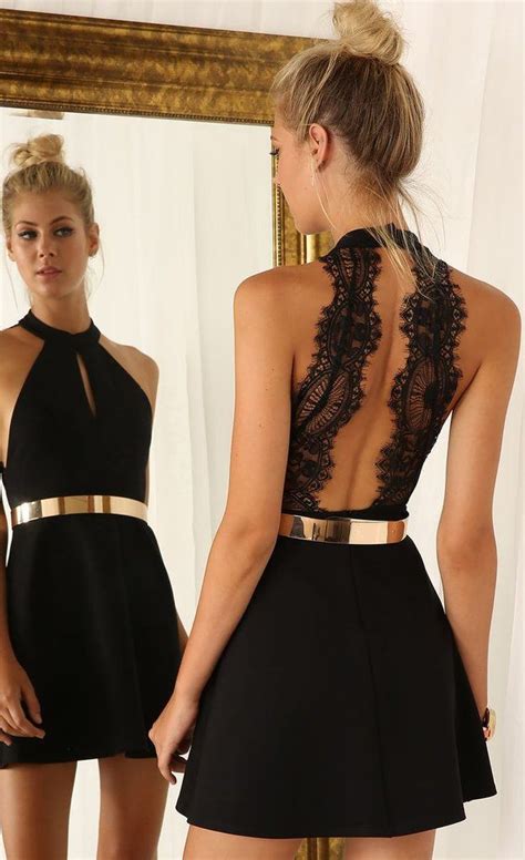 Womens Black Sleeveless Halter Contrast Lace Backless Dress Black