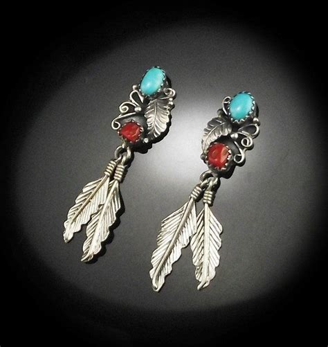 Navajo Dangle Feather Earrings Feather Earrings Turquoise Feather