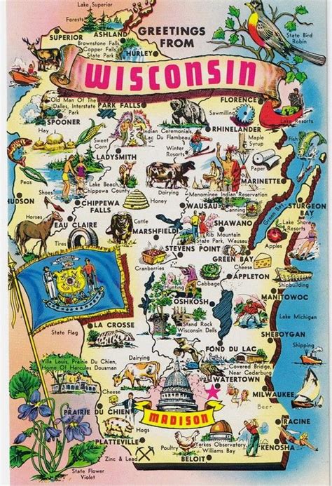 Vintage Postcards States Maps Usa Wisconsin Map Postcard Postcard Greetings Vintage Usa