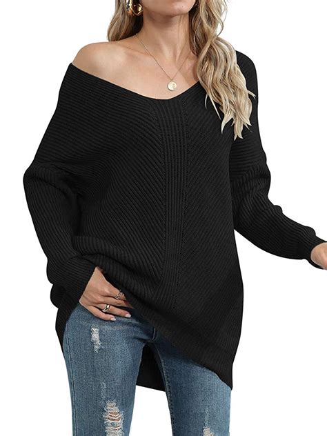 Buy Calbetty Womens Off Shoulder Long Sleeve V Neck Ribbed Pullover