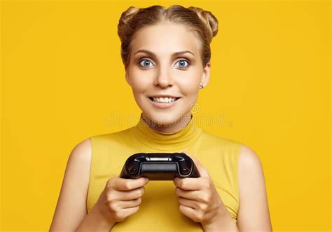 Gorgeous Happy Blonde Gamer Girl Playing Video Games Using Joystick