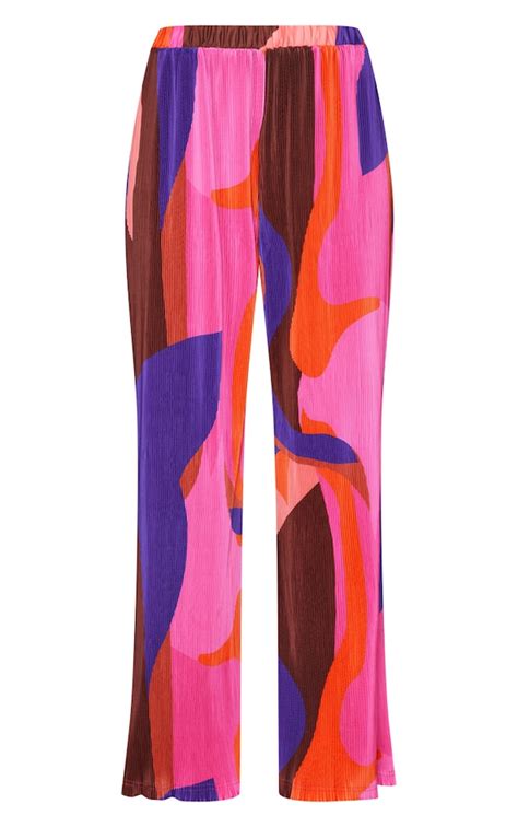 Pink Print Plisse High Waisted Wide Leg Trousers Prettylittlething