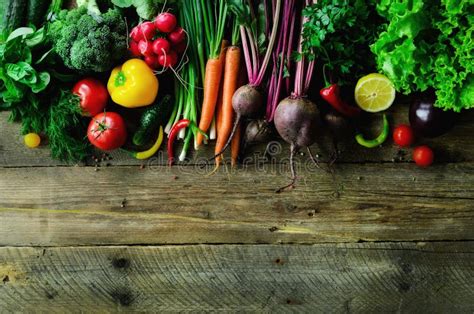Vegetables On Wooden Background Bio Healthy Organic Food Herbs And