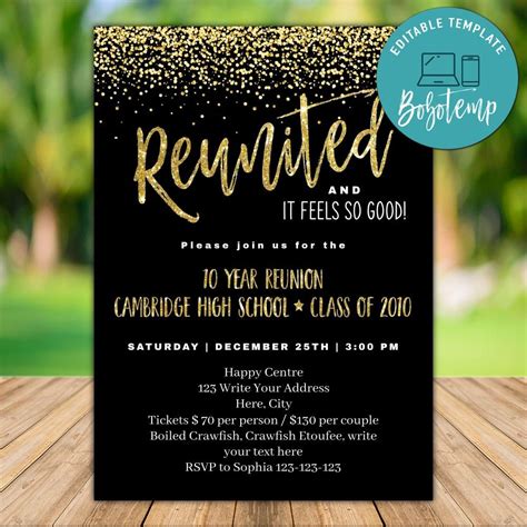 Printable Black And Gold Class Reunion Invitation Template Diy