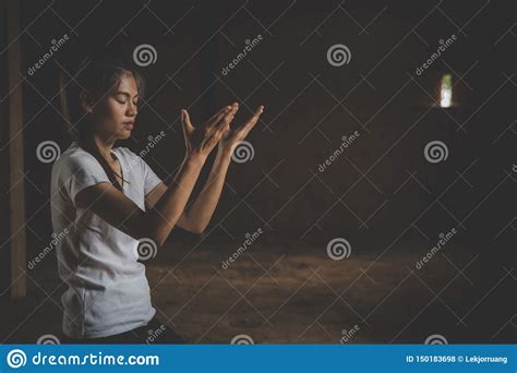 Young Christian Woman Hands Open Palm Up Worship And Praying To God At