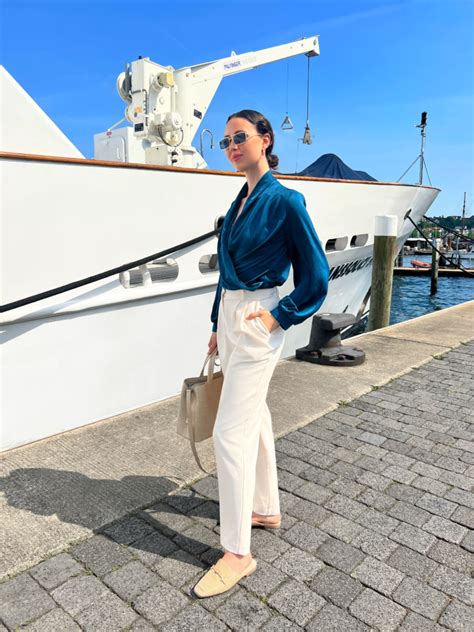 Blue Green Blouse Outfit With Cream Pants IN AN ELEGANT FASHION