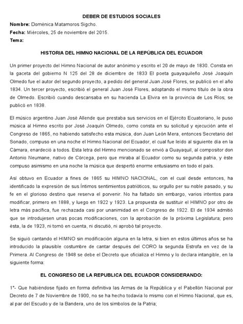 Historia Del Himno Nacional De La Republica Del Ecuador