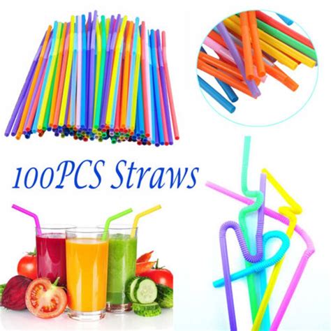 100pcs Extra Long Flexible Plastic Drinking Straws Party Bar Drinking