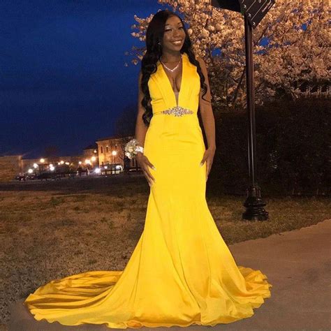 African Deep V Neck Mermaid Yellow Prom Dresses Long Appliqued Halter Black Girls Sexy Prom