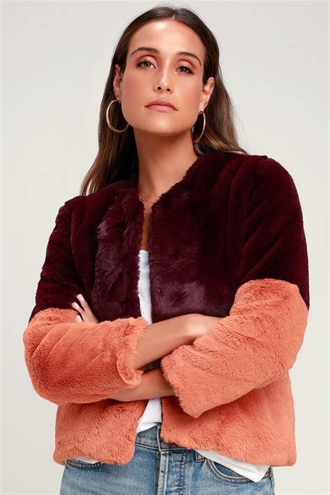Out At Night Pink And Burgundy Color Block Faux Fur Jacket Fur Jacket