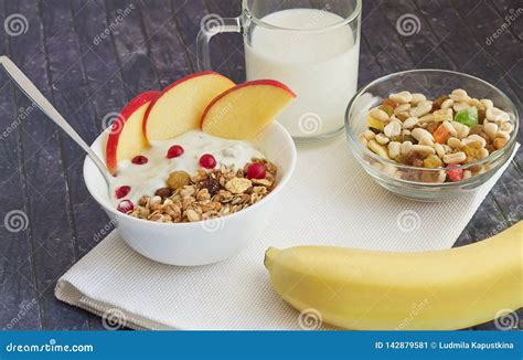 Full Morning Breakfast With Fruitcereal And Milk Stock Image Image