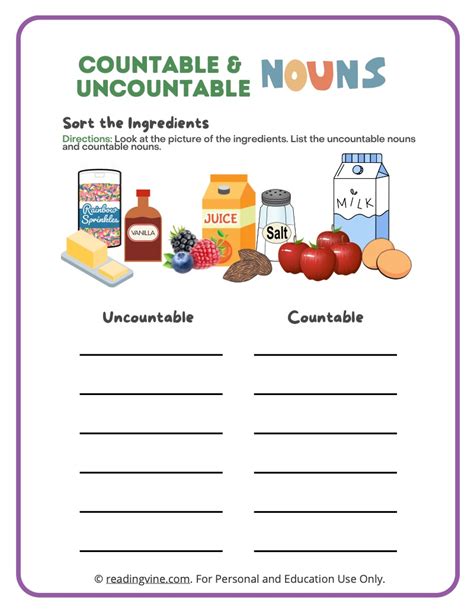 Countable And Uncountable Nouns Worksheets Examples