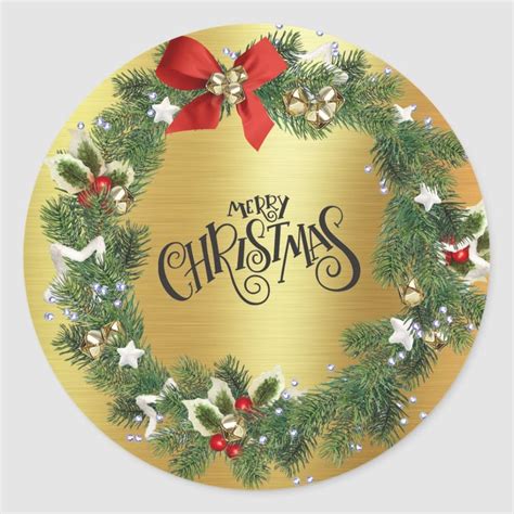 Christmas Wreath Gold Foil Merry Christmas Classic Round Sticker Zazzle Custom Holiday