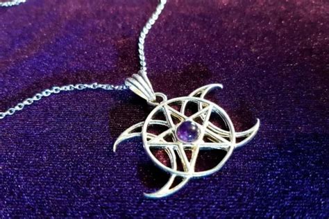 Triple Moon Goddess Amethyst Necklace Goddess Gothic Moon Pentagram
