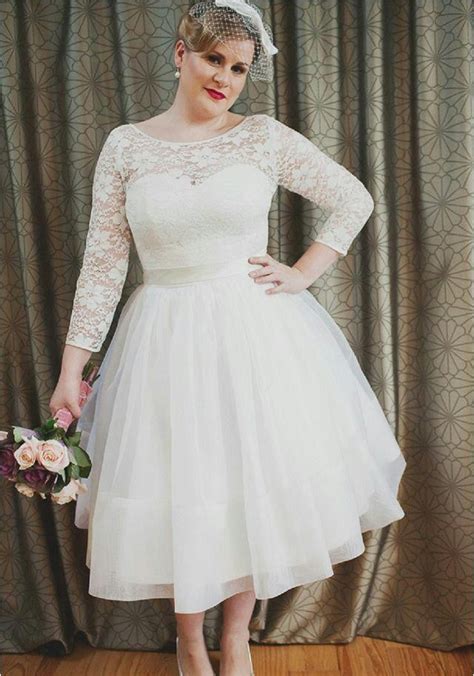 New Stunning Short Plus Size Wedding Dresses Long Sleeve Lace Tulle A