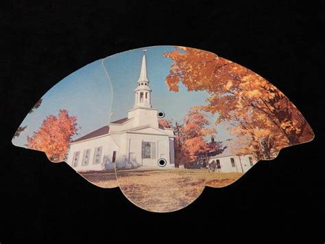 1930s Folding Paper Fan White Church Tall Steeple Fall Colors