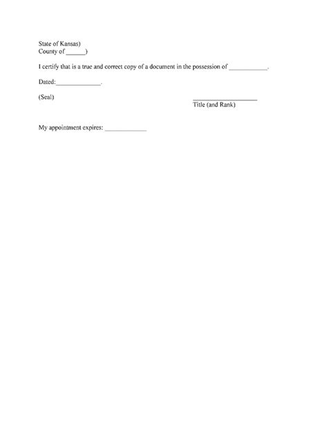 Kansas Notarial Certificate Attestation Of A Copy Form Fill Out And
