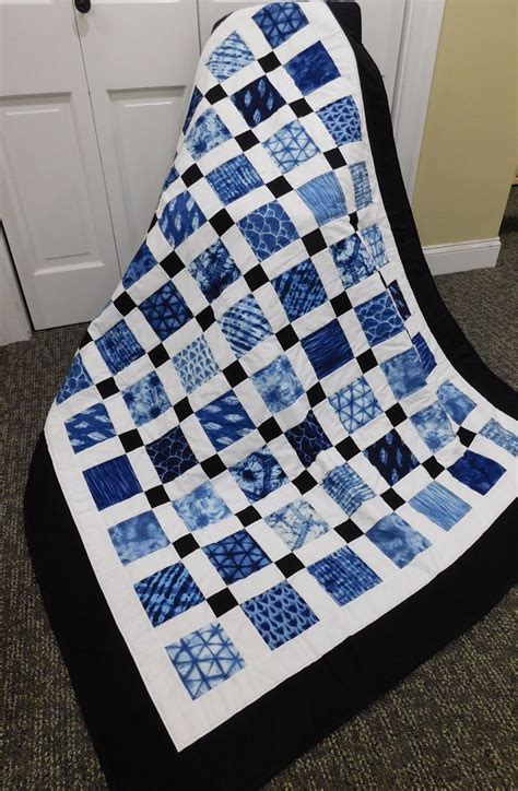 Sale Blue Batik Quilt Hand Quilted Disappearing Nine Patch Blanket