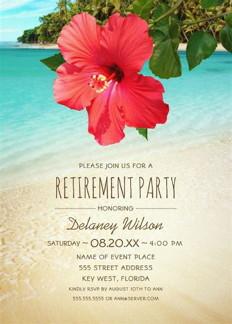 Tropical Beach Hawaiian Retirement Party Invitations Hibiscus Palm Tree