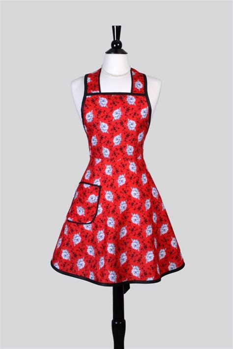 Womens Vintage Style Apron Retro Black And Red Floral With Comfortable Over The Head Fitting