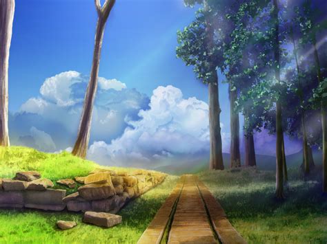 Safebooru Clouds Commentary Request Forest Geshi Grass Highres Hill Landscape Nature No Humans