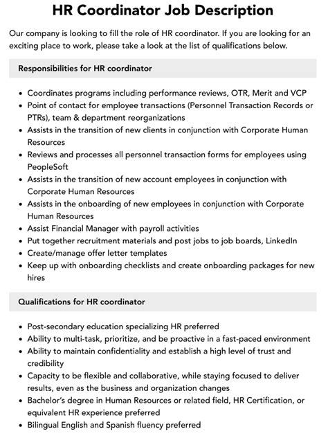 Hr Coordinator Job Description Velvet Jobs