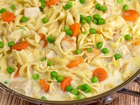 My mother made a version of this growing up using canned cream of chicken soup, similar to chicken ala king but without the vegetables. Creamy Chicken with Noodles - The Midnight Baker