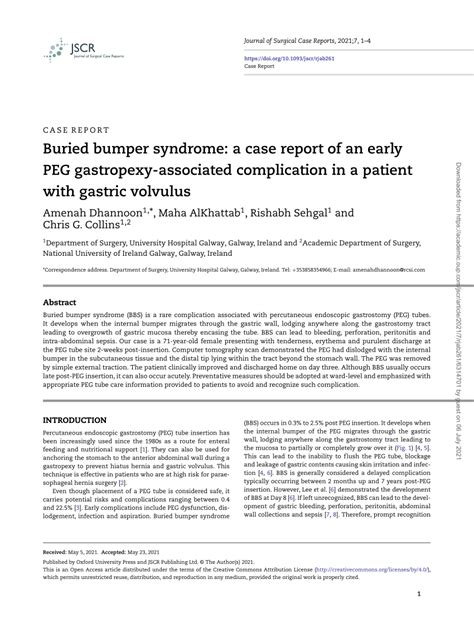 Pdf Buried Bumper Syndrome A Case Report Of An Early Peg Gastropexy